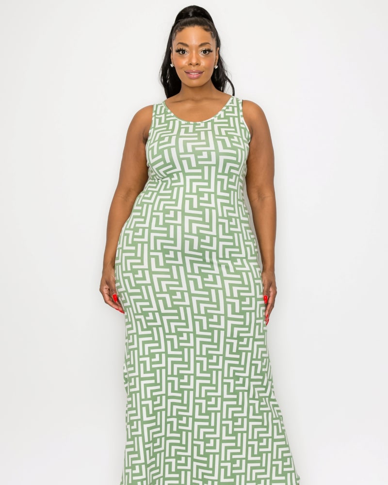 Front of a model wearing a size 3X Frankie Sleeveless Maxi Dress in Sage Lt by L I V D. | dia_product_style_image_id:267258